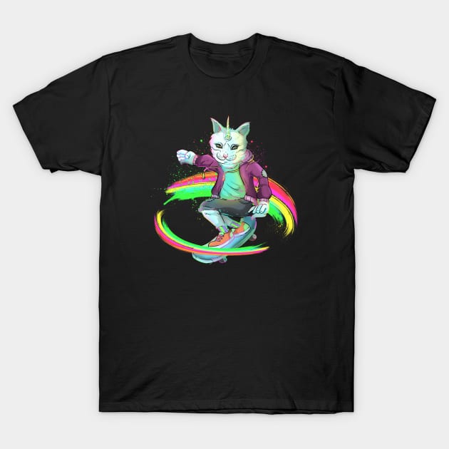Rainbow Unicorn Cat Skateboarding T-Shirt by Trendy Black Sheep